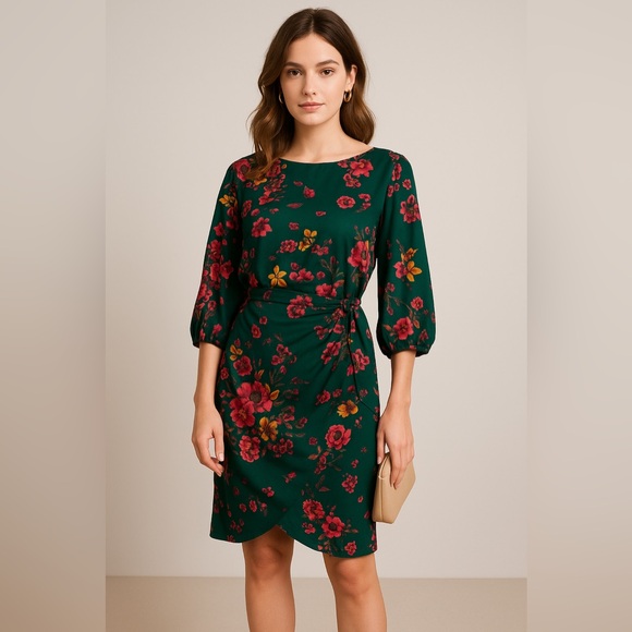 Tacera Green Floral Faux Wrap Midi Dress M - Picture 1 of 11